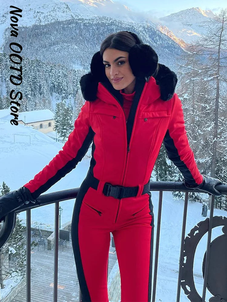 Winter Women's Black Fur Hooded Belted Ski Jumpsuit Slim Fit Waterproof Windproof Skiwear 2026 Lady Warm Sport Snow Bodysuit New