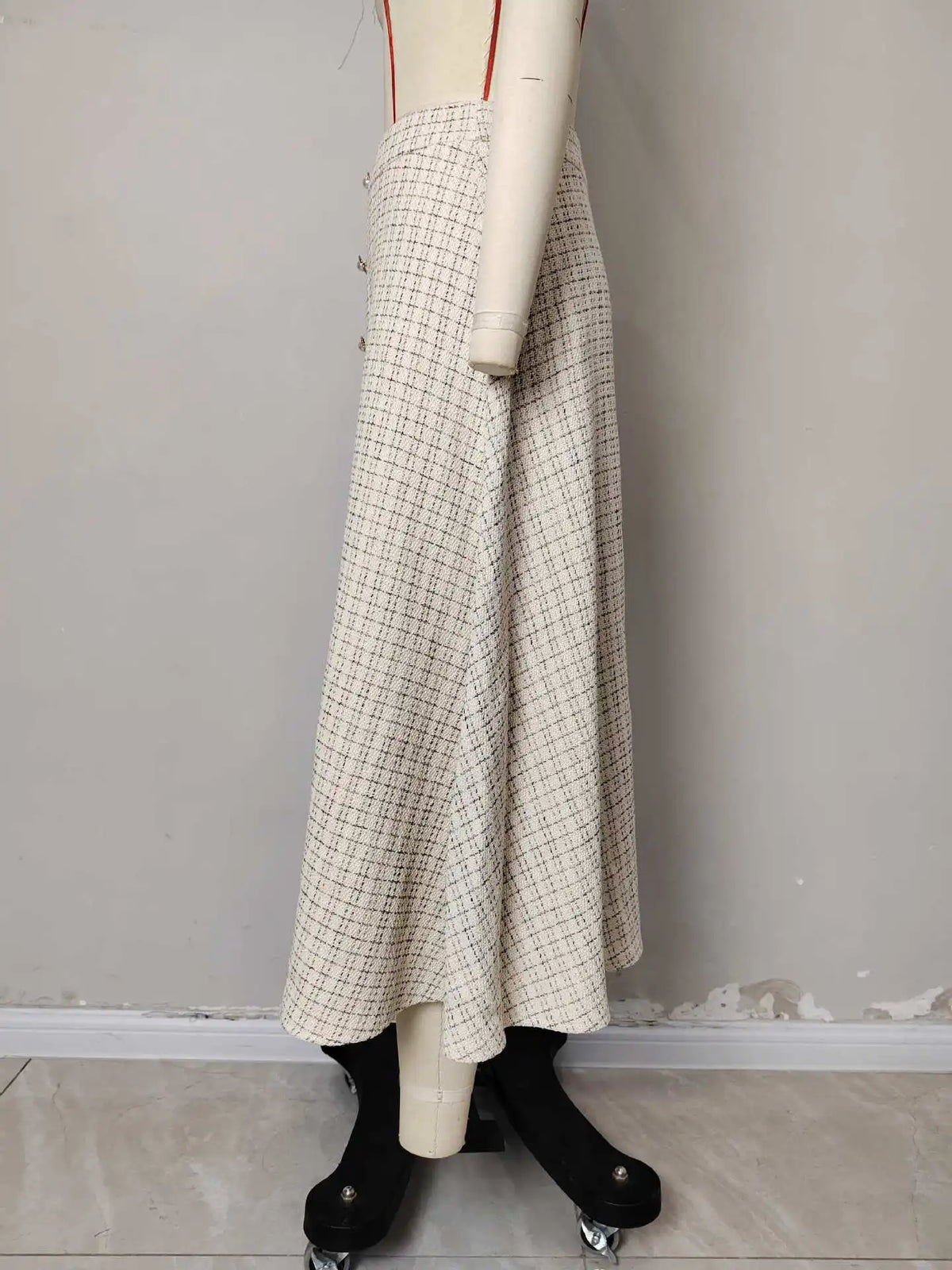  FairyShely Vintage Pleated Plaid Long Skirt Women 2026 Autumn Winter Woolen Skirt Mixed Tweed Flared Skirt for Women