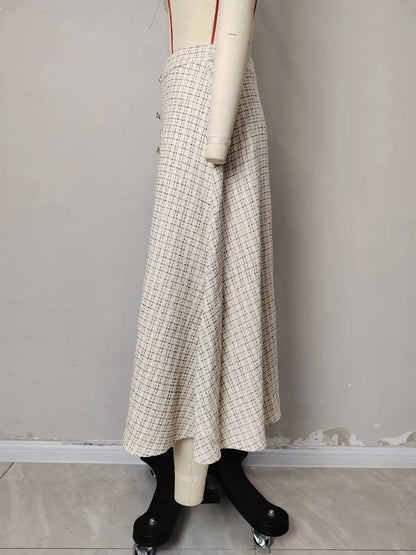  FairyShely Vintage Pleated Plaid Long Skirt Women 2026 Autumn Winter Woolen Skirt Mixed Tweed Flared Skirt for Women