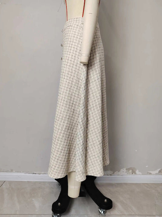  FairyShely Vintage Pleated Plaid Long Skirt Women 2026 Autumn Winter Woolen Skirt Mixed Tweed Flared Skirt for Women