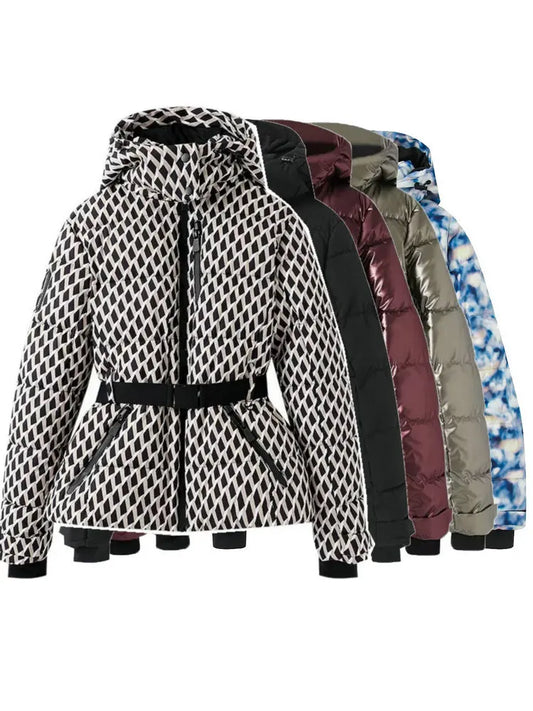 2027 Fashion Women's Winter Hooded High Waist Padded Coats with Belt Lady Elegant Thicken Warm Pockets Windproof Skiing Jackets