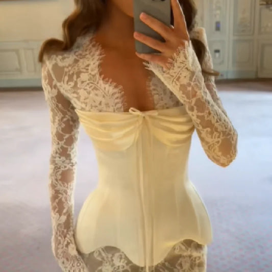 Women's Ivory Lace-Sleeve Mini Dress