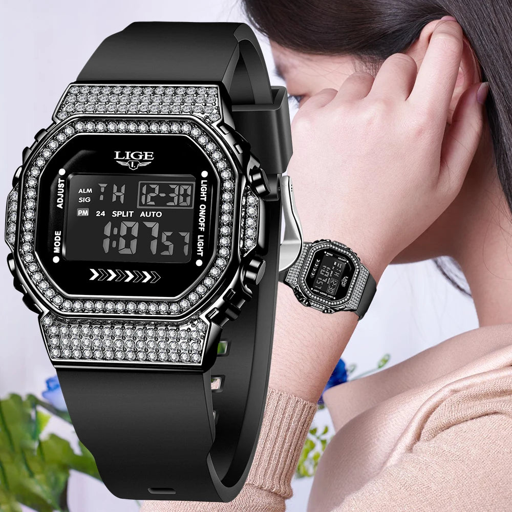 LIGE Diamond Dial Watch Women Watches Ladies Silicone Quartz Women's Bracelet Watches Female Clock Relogio Feminino Montre Femme