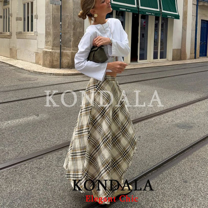KONDALA Women Trendy Holiday Midi Skirt Asymmetric Plaid Split Fork Skirt Fashion 2026 Spring Summer Streetwear Party Lady Skirt