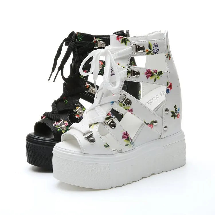 Summer New Women Wedge Sandals Color Patchwork Cross Lace-up High Heels Roman Shoes 12cm Fish Mouth Broken Flower Platform Shoes
