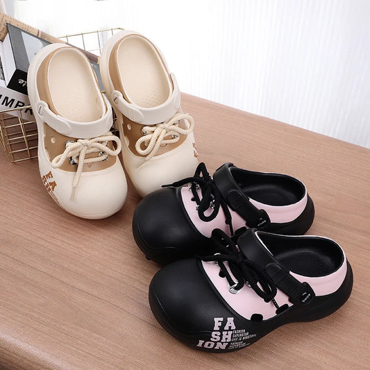 Women's Outdoor Chunky Platform Sandals Non-Slip Clogs Slides Flat Breathable Striped Shoelaces Closed Toe Thick Sole Slippers