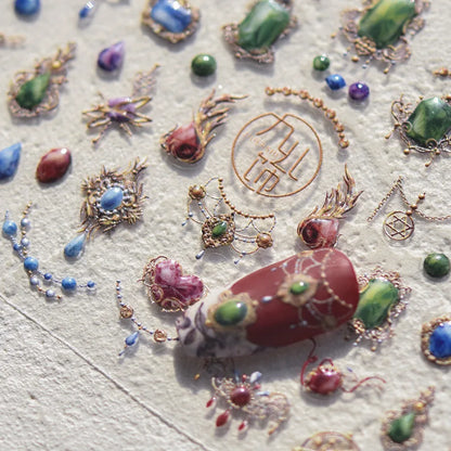 Elegant Gold Scepter 5D Nail Art Stickers Gorgeous Gemstone Luxury Courtly Pattern Necklace Frame Self Adhesive Manicure Decals