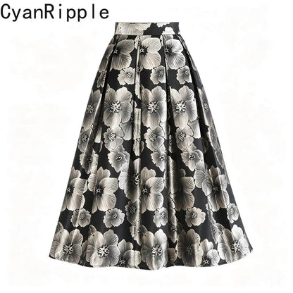 High Quality New Autumn Vintage Hepburn Embroidery Jacquard Puffy Skirt Elegant High Waist Mid-length Casual A-line Long Skirts
