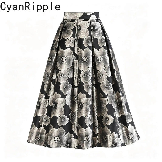 High Quality New Autumn Vintage Hepburn Embroidery Jacquard Puffy Skirt Elegant High Waist Mid-length Casual A-line Long Skirts