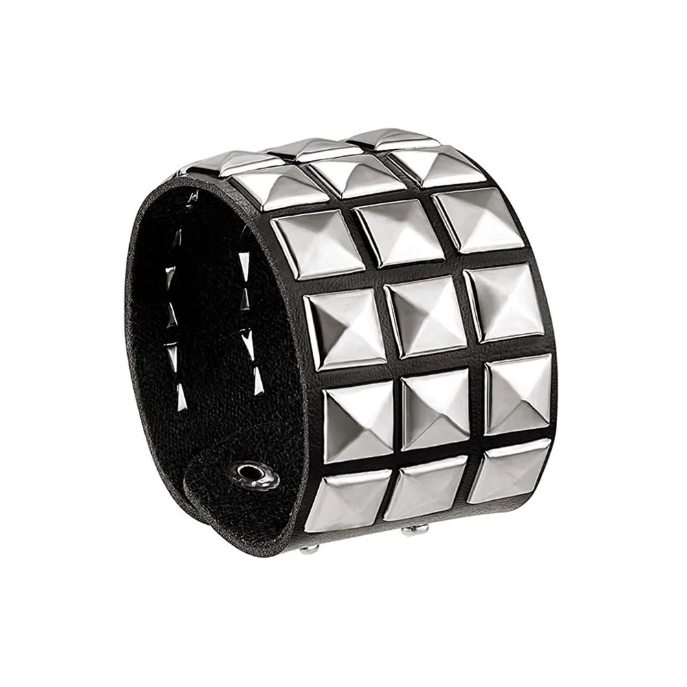 80s Black Round Square Gothic Spike Bracelet Punk Rock Bracelet Studded Faux Leather Bracelet for Men Women