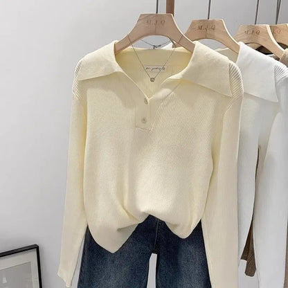 Polo Collar Knit Sweater Women Pullovers Casual Button Front Long Sleeve Rib-knit Jumper Chic Knitwear Trend Autumn Winter Tops