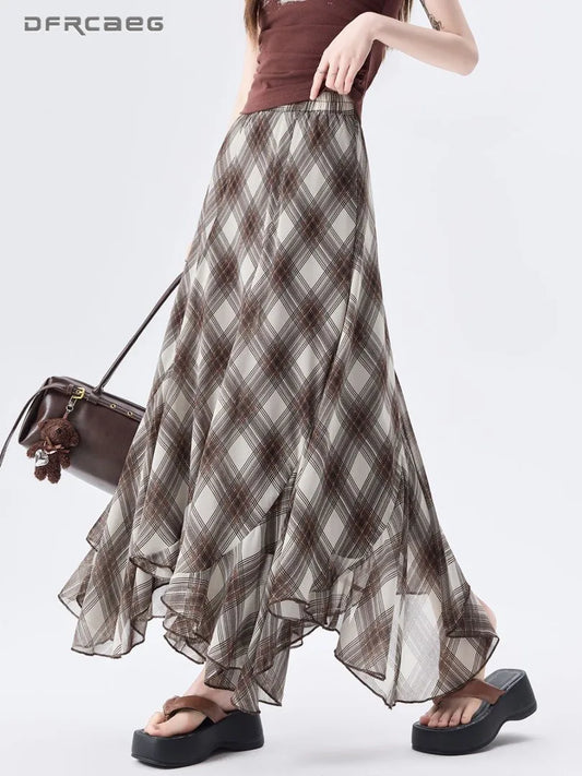 Women's Asymmetric Plaid Long Skirt