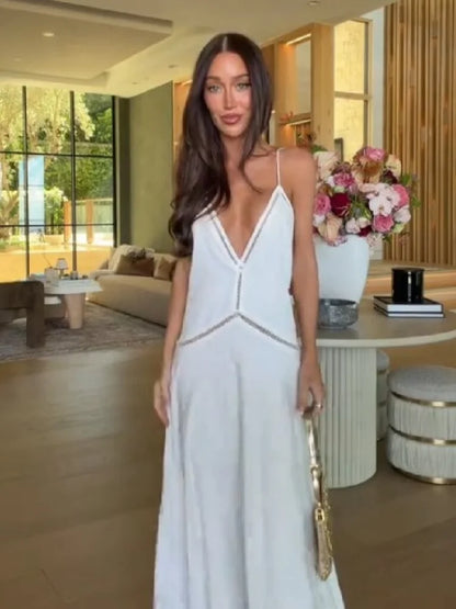 Elegant White Deep V Neck Spaghetti Strap Maxi Dress Women Waist Cutout A-Line Long Dress 2026 Summer Beach Vacation Party Robe