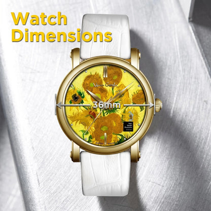 Van Gogh Sunflower Oil Painting Dial Quartz Watch for Women Swiss Movement 36mm Gold Case White Leather Strap