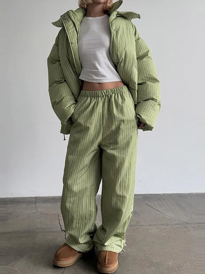 Urban Solid Women Stripe Padded Coat Pant Set Casual Full Sleeve Hooded Zipper Jacket Elastic Waist Pants 2026 Winter Lady Suits