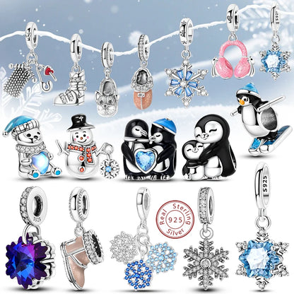 Original 925 Sterling Silver Charms Beads Winter Snowflake Snowman Igloo Penguin Pendant Fit Bracelet Charms Women Jewelry Gift