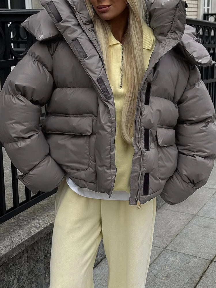 Casual Women's Puffy Hooded Cotton Coat Loose Long Sleeve Pockets Zipper Padded Coats 2026 Winter Lady Drawstring Warm Jackets