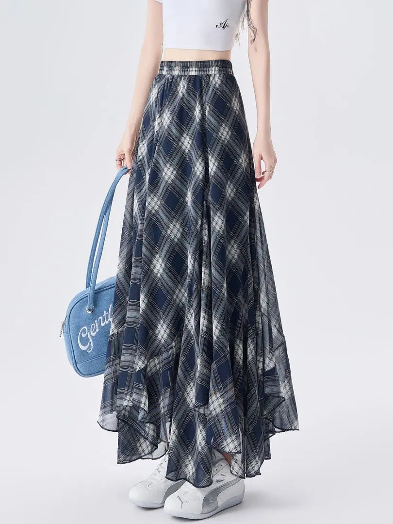 New Arrival Asymmetrical Plaid Chiffon Long Skirt For Women Summer Casual Loose Big Swing Beach Midi Skirts Lady