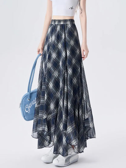 New Arrival Asymmetrical Plaid Chiffon Long Skirt For Women Summer Casual Loose Big Swing Beach Midi Skirts Lady
