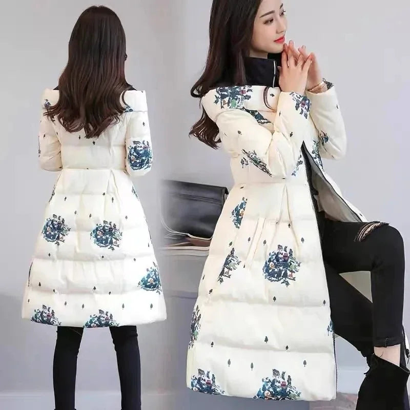 Cotton Jacket Women's Medium Long 2026 Winter New Korean Version Slim Print Thick Cotton Cloak Jacket Female Warm Parka Overcoat