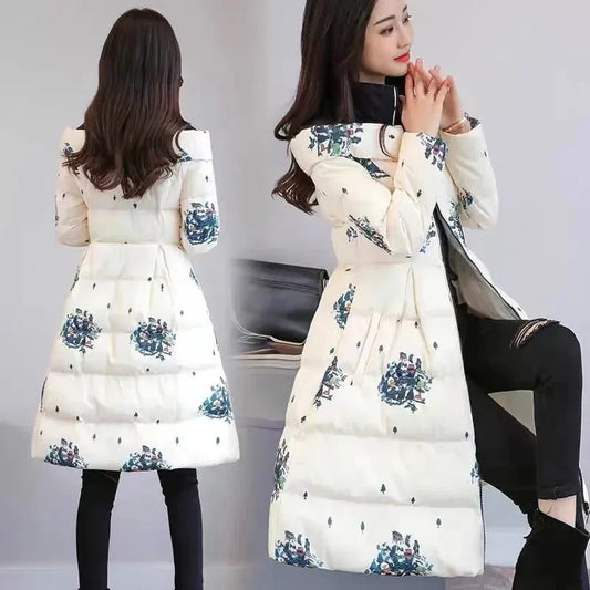 Cotton Jacket Women's Medium Long 2026 Winter New Korean Version Slim Print Thick Cotton Cloak Jacket Female Warm Parka Overcoat