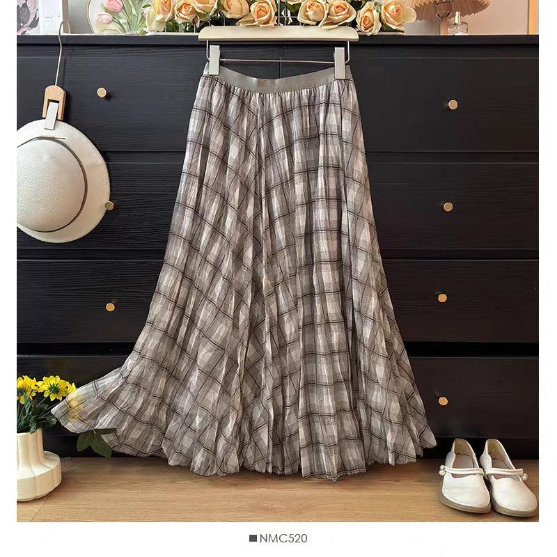 Retro Plaid Print Tulle Maxi Skirt for Women, Spring Summer High Waist Slim A-Line Pleated Midi Skirt, Flowy Ball Gown Style