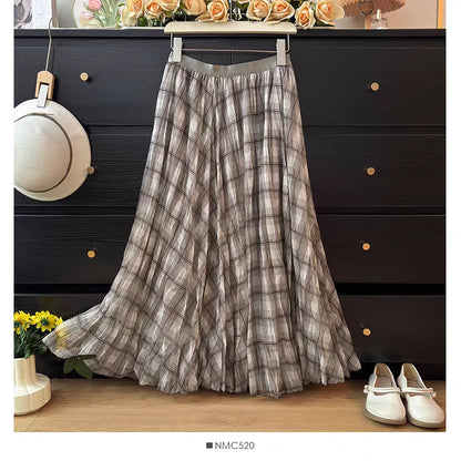 Retro Plaid Print Tulle Maxi Skirt for Women, Spring Summer High Waist Slim A-Line Pleated Midi Skirt, Flowy Ball Gown Style