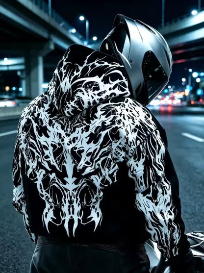 2026 Oversized Abstract Skull Flame‑Print Hoodie, Back‑Print Biker Hip‑Hop Pullover, Men Women Family Gift for Motorcycle Riders
