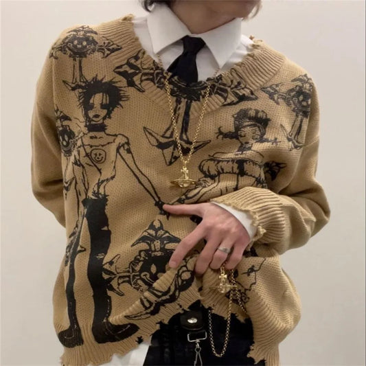 Autumn and Winter New Dark Retro Knitted Sweater American Street Trend Y2K Round Neck Loose Hooded Sweater