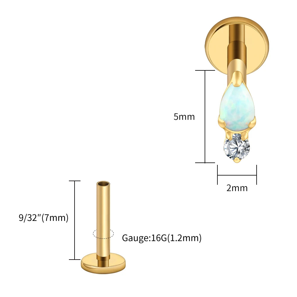 Right Grand ASTM F136 Titanium Teardrop Opal Cartilage Earring 16G Tiny Round CZ Forward Helix Labret Stud Piercing Jewelry