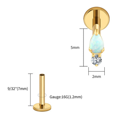 Right Grand ASTM F136 Titanium Teardrop Opal Cartilage Earring 16G Tiny Round CZ Forward Helix Labret Stud Piercing Jewelry