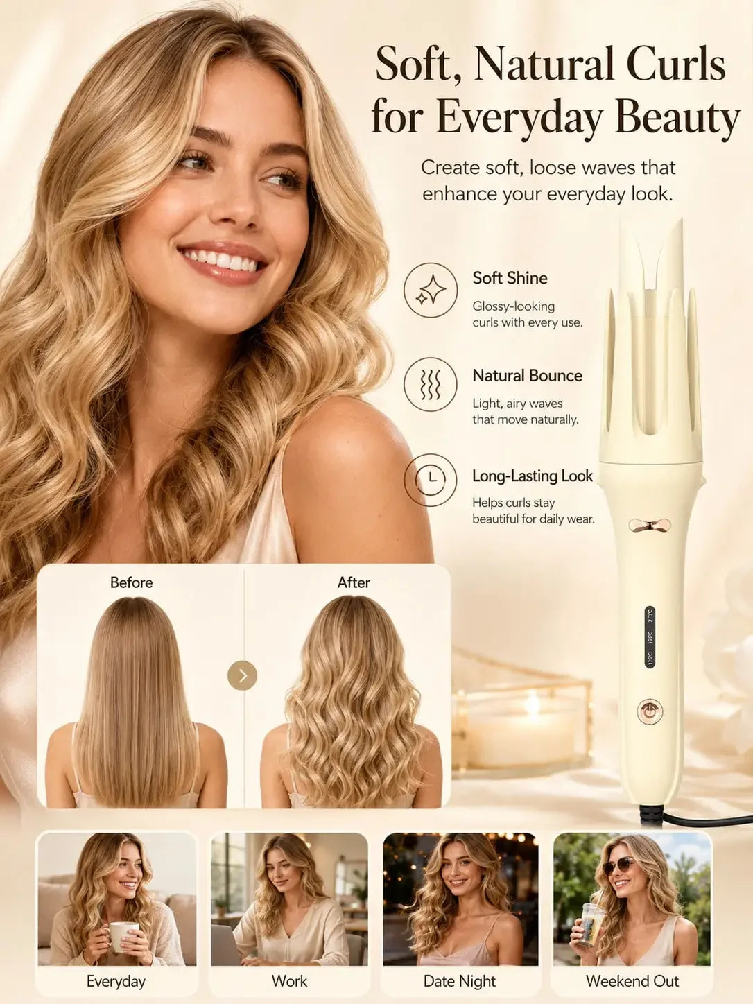 Genai Automatic Curling Iron, Anti-Scald Automatic Hair Curler with 3 Temperature Settings, Fast Heat Up Hair Styling Tool, Portable Curling Wand for Creating Quick Curls & Waves, Home Salon Hair Styling Appliance for Women