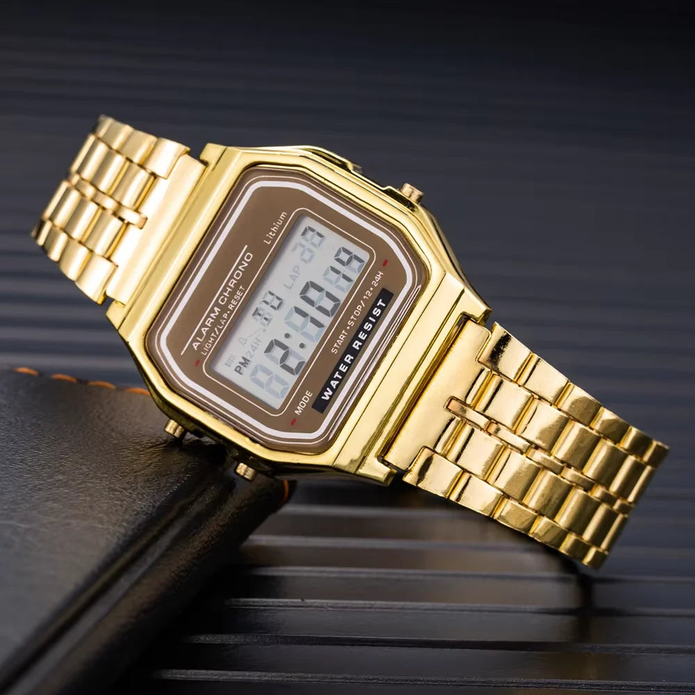 LED electronic watch with steel strip, small square, Harajuku style multifunctional watch