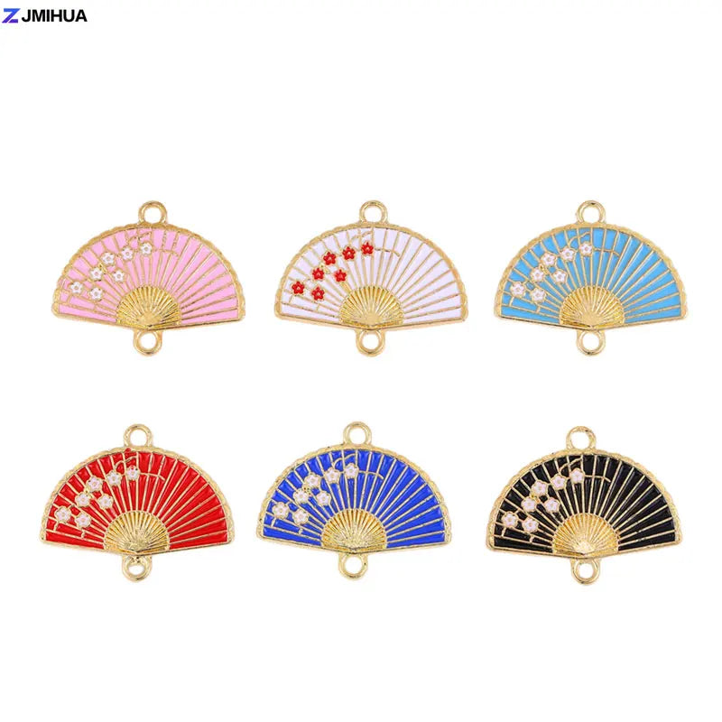 15pcs Enamel Fan Charms Connector Sakura Pattern Pendants For Crafts Jewelry Making DIY Bracelets Earrings Accessories