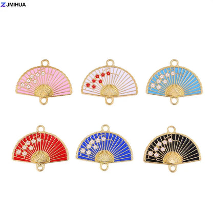 15pcs Enamel Fan Charms Connector Sakura Pattern Pendants For Crafts Jewelry Making DIY Bracelets Earrings Accessories