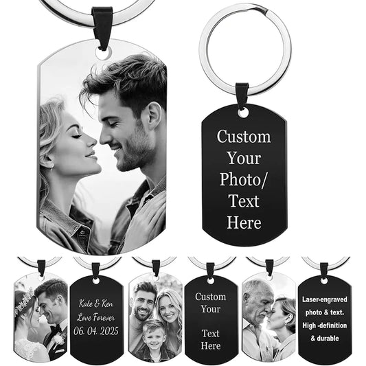 Personalized Photo Keychain, Custom Laser-Engraved Portrait Keychain, Stainless Steel Black Military Tag Pendant, Wedding Thank You Letter Keychain Gift, Valentine's Day Commemorative Keychain, Anniversary Gift