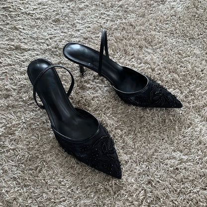 Mesh Embroidered Thin High Heels Sandals Women 2025 Summer Sexy Slingback Pointed Toe Pumps Dress Shoes Woman Sandalias De Mujer