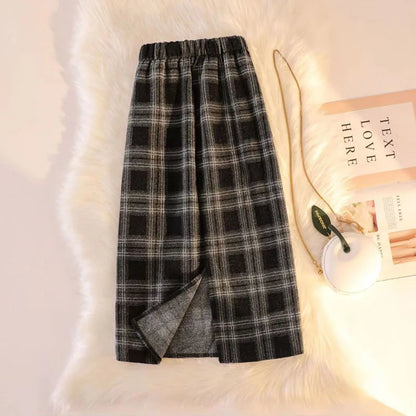Vintage Plaid Midi Skirts Women All-Match Thickened Warm Elastic Waist Long Skirt Female Streetwear Fashion Split A-Line Skirts