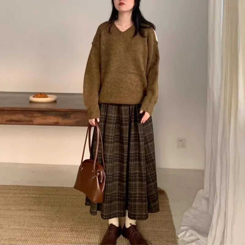 Women's Plaid Pleated Long Skirt