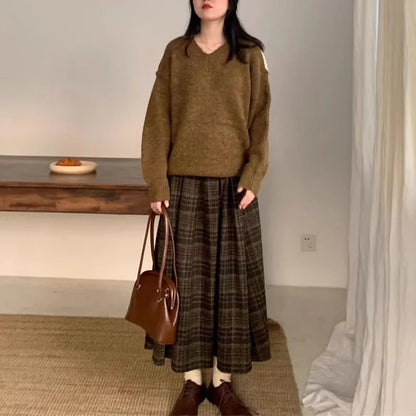 Women's Plaid Pleated Long Skirt