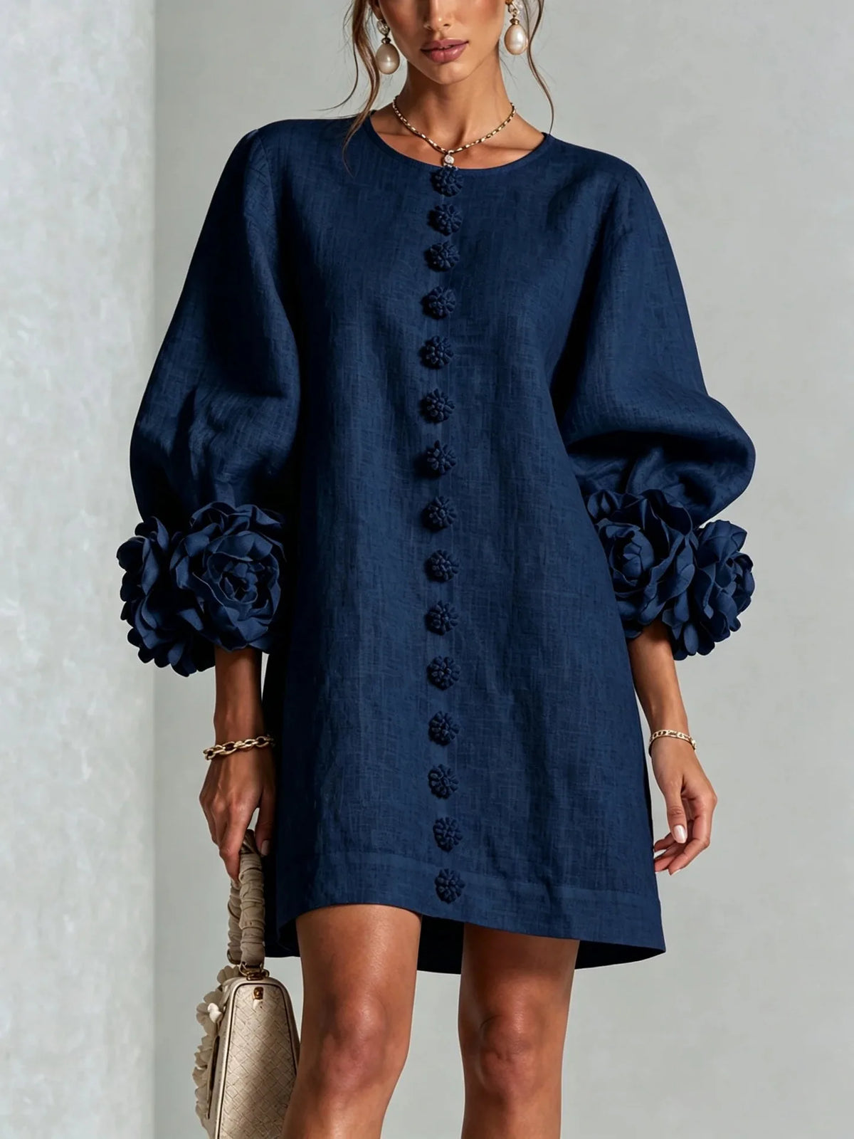 Women Linen Mini Dress O Neck Puff Long Sleeve 3D Flower Cuff Decor Flower Button Loose Casual Short Dresses for Party Vacation