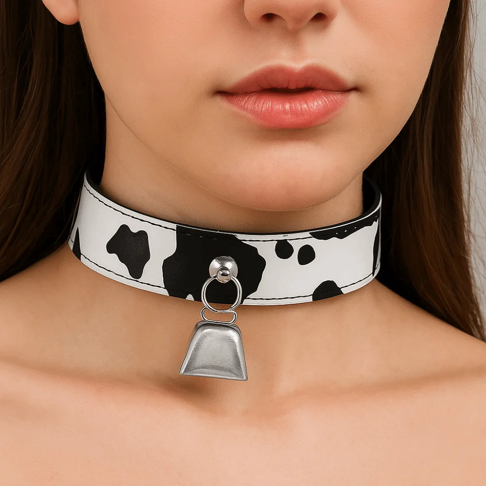 Sexy Leather Choker Necklace Cow Print Adjustable Bell Collar Women Necklace