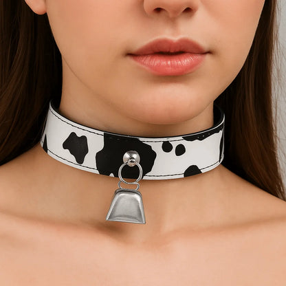 Sexy Leather Choker Necklace Cow Print Adjustable Bell Collar Women Necklace