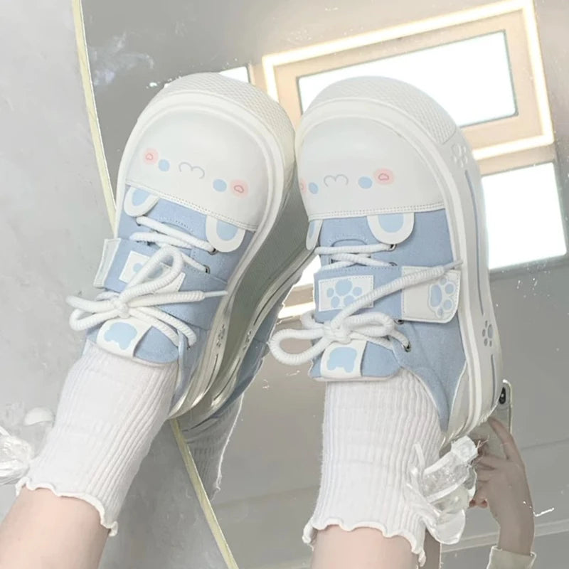 Lovely Girls Lolita Flat Platform,Young Women Students Sweet Cat Ears Elevator Canvas Shoes