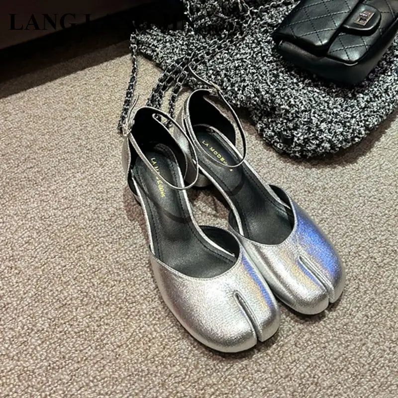 Women Split Toe Ninja Tabi Pumps Woman 5cm Heels Mary Janes Round Heels Shoes Buckle Strap Shallow Sandals Shoes For Party Mules