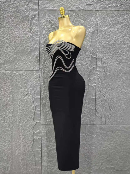 High Quality Women Sexy Strapless Shinning Sequins Bodycon Long Bandage Dress Celebrate Evening Party Cocktail Outfit Vestido