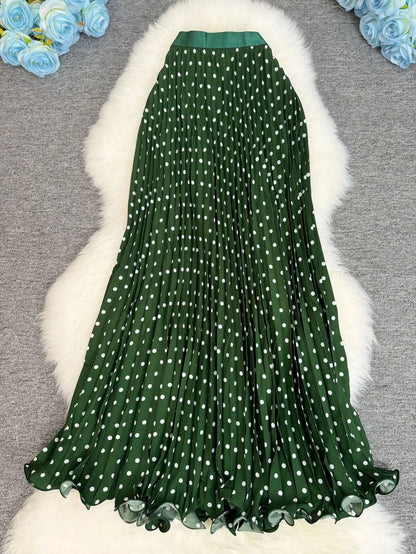 Polka Dot Print High Elegant A-line Pleated Long Skirt For Women 2025 Spring autumn Office Lady Casual Leopard Skirts