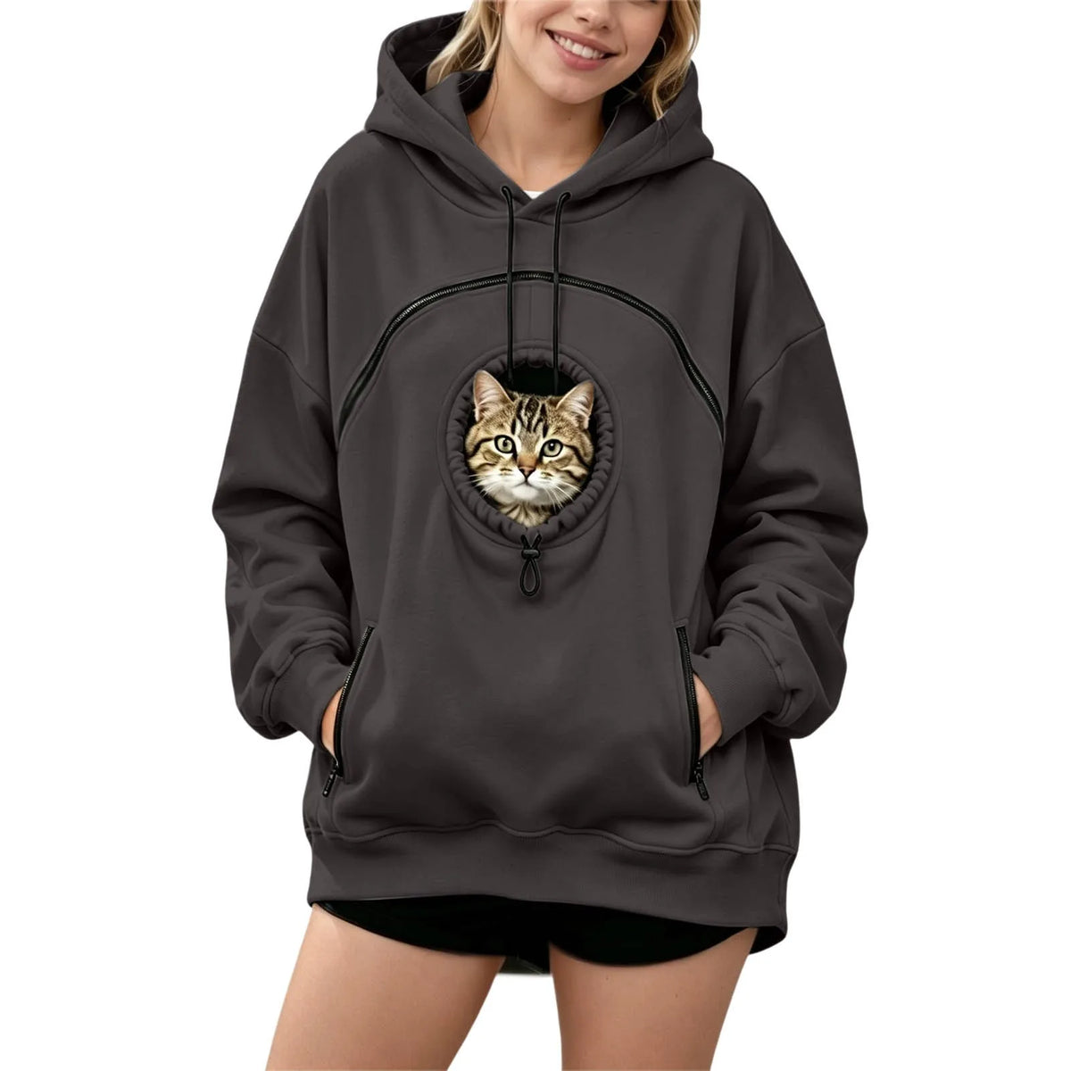 Oversized Hoodie with Pet Pouch Women's Zipper Kangaroo Pocket Sweatshirts for Small Cat & Dog Pet Lover Hoody Hooded Pullover