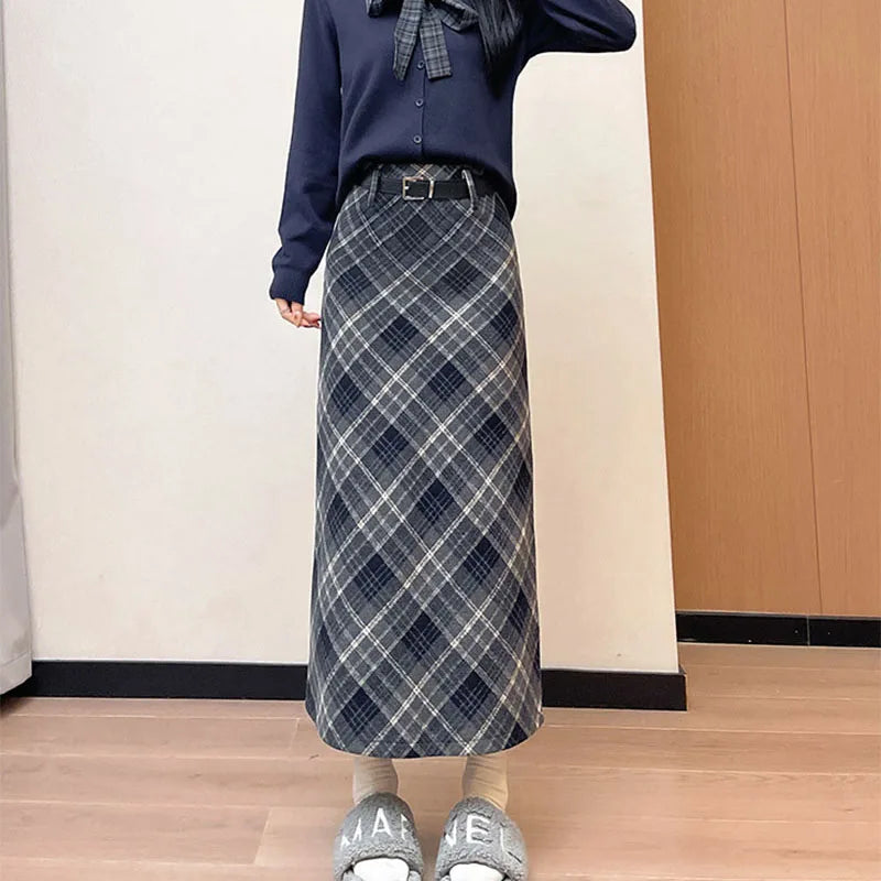 Plaid Woolen Skirts Women New Fashion 2026 Autumn Winter High Waisted Straight Midi Skirts Woman Preppy Style Retro Long Skirt