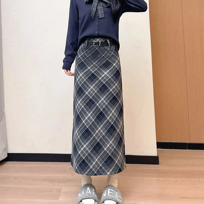 Plaid Woolen Skirts Women New Fashion 2026 Autumn Winter High Waisted Straight Midi Skirts Woman Preppy Style Retro Long Skirt